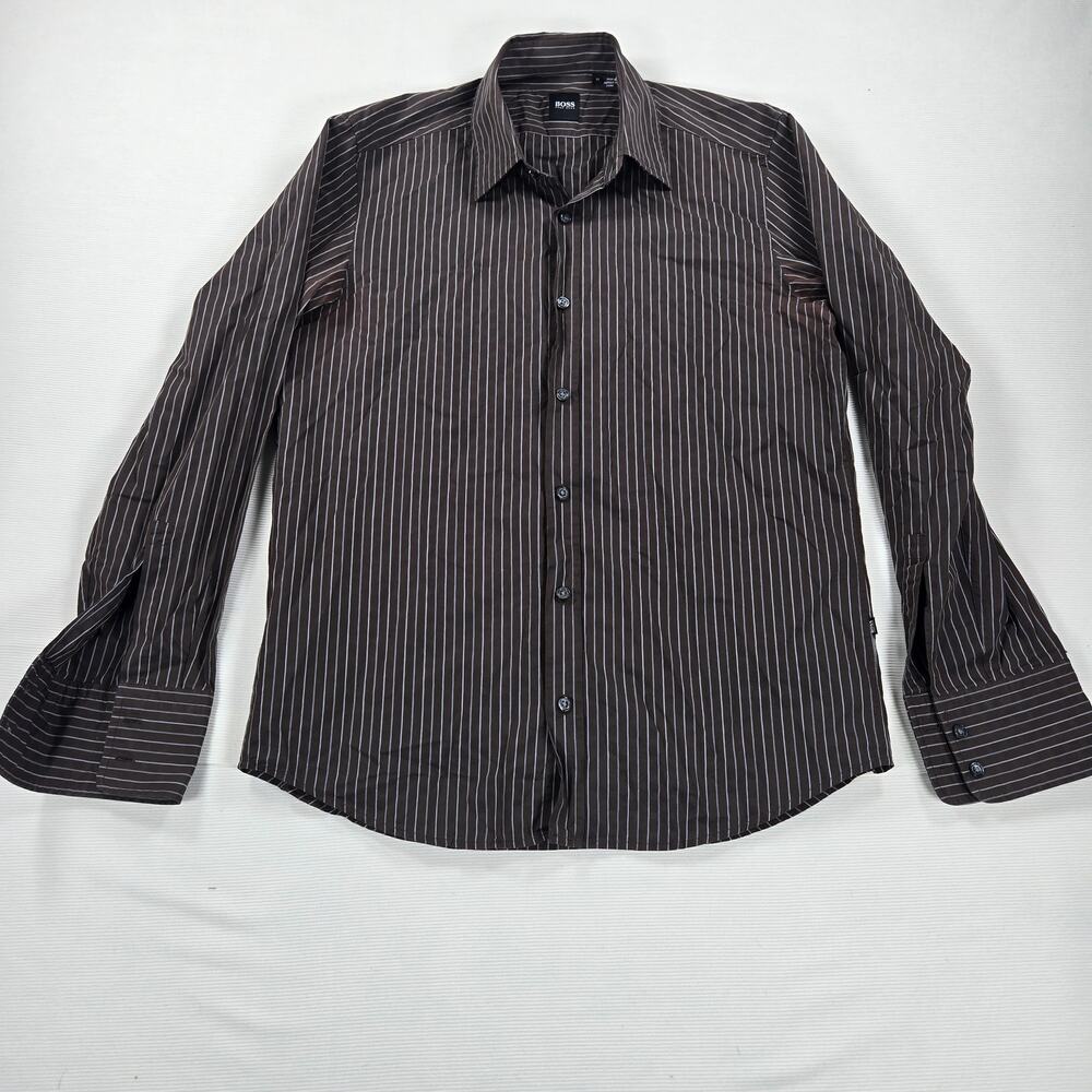 Boss Hugo Boss Striped Long Sleeve Brown Button Up Shirt Men's‎ Size Medium
